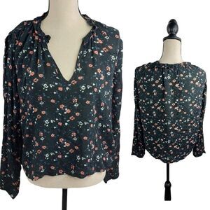 Cloth & Stone Sz S BLACK FLORAL Blouse Button Up V-Neck  Women’s CottageCore
